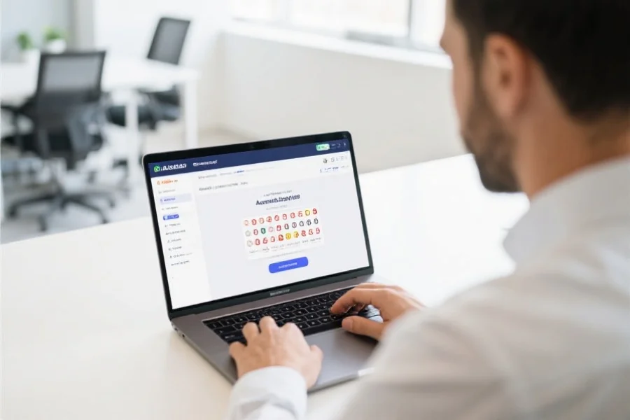 一位用户在明亮的办公室中使用笔记本电脑浏览澳洲幸运5官方开奖平台，界面简洁清晰